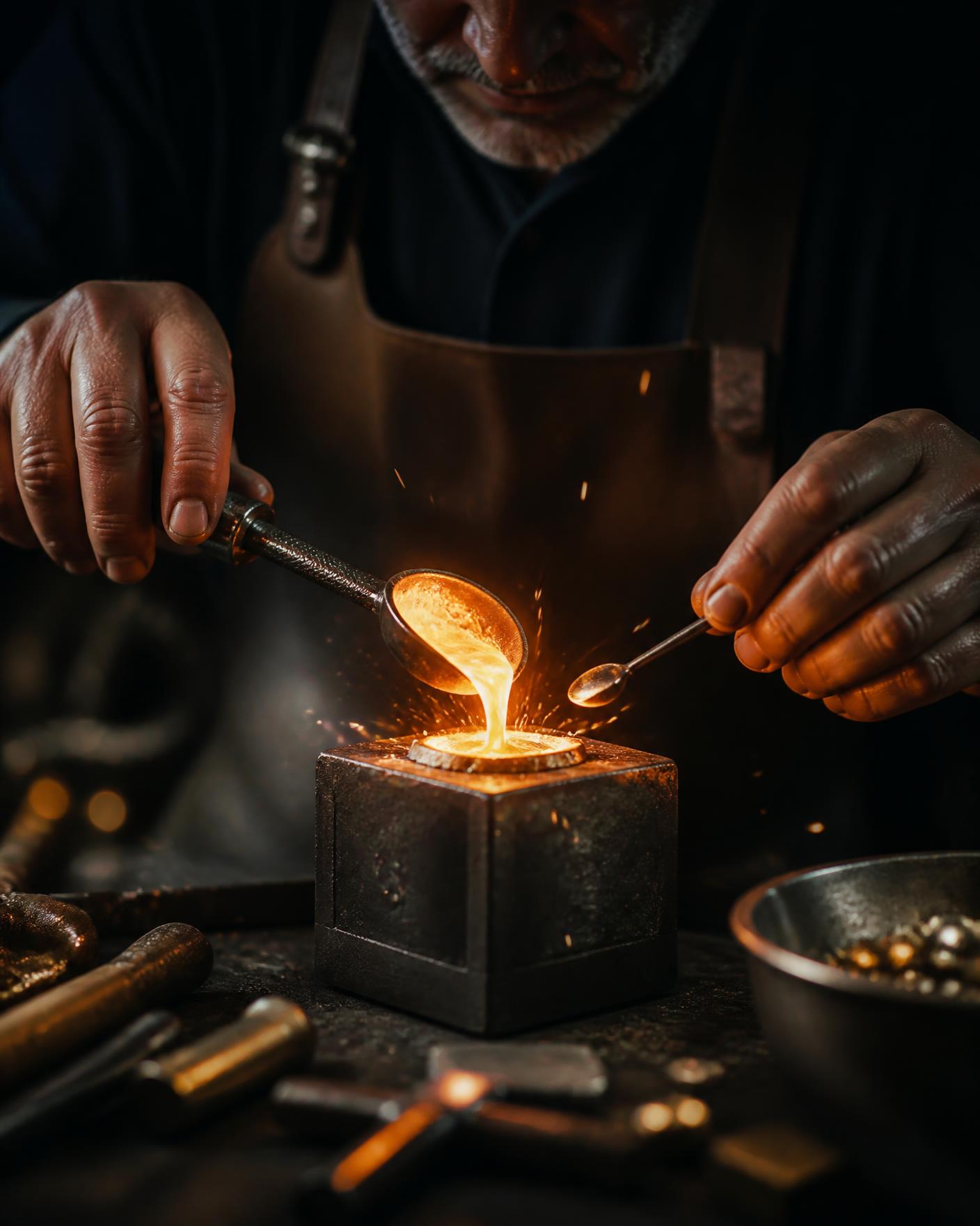 A goldsmith pouring molten gold into a mould at the Webify Gold bench